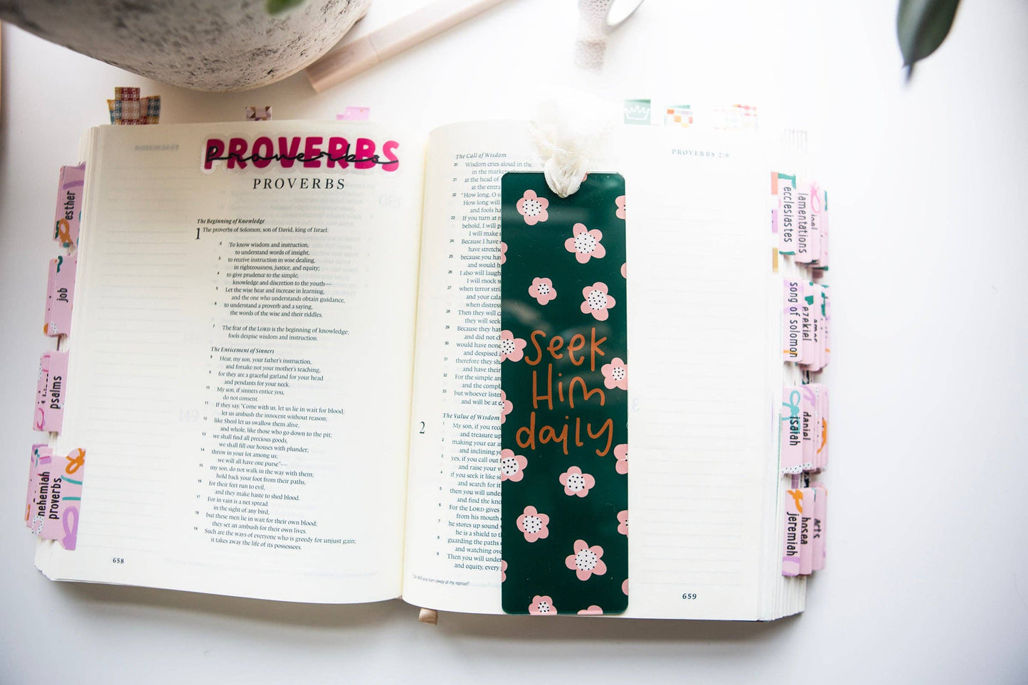 Seek Him Daily (white and pink flowers) Acrylic Bookmark