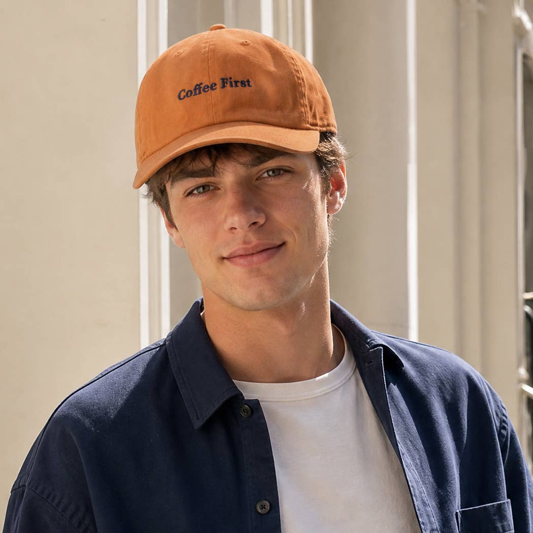 Coffee First Embroidered Washed Cotton Baseball Cap