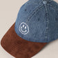 Happy Face Embroidered Brown Visor Denim Cap