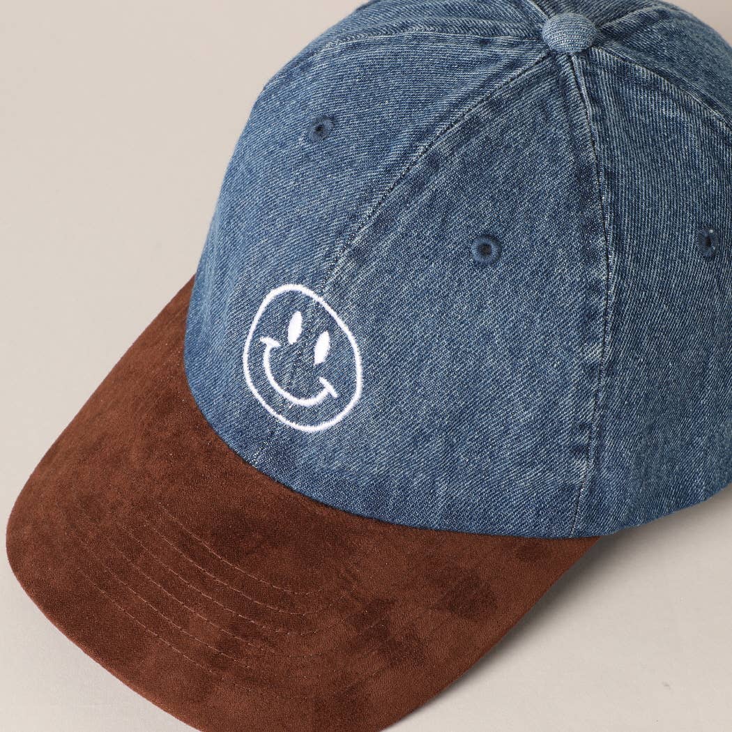 Happy Face Embroidered Brown Visor Denim Cap