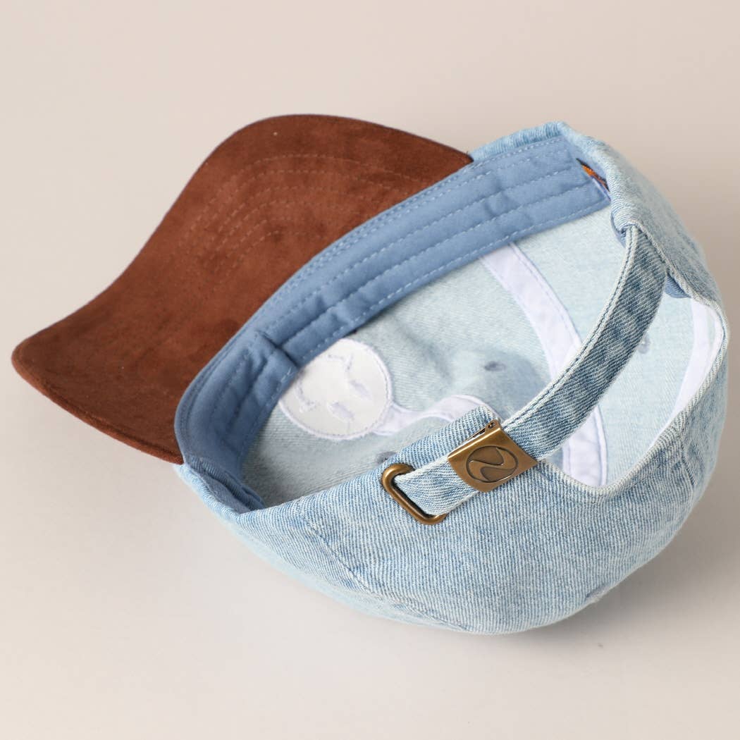 Happy Face Embroidered Brown Visor Denim Cap