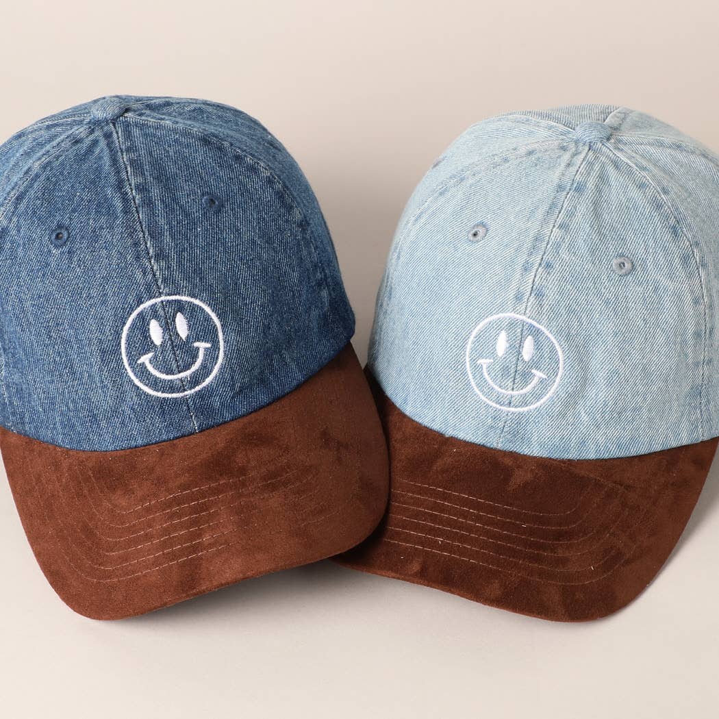 Happy Face Embroidered Brown Visor Denim Cap