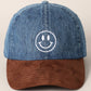 Happy Face Embroidered Brown Visor Denim Cap