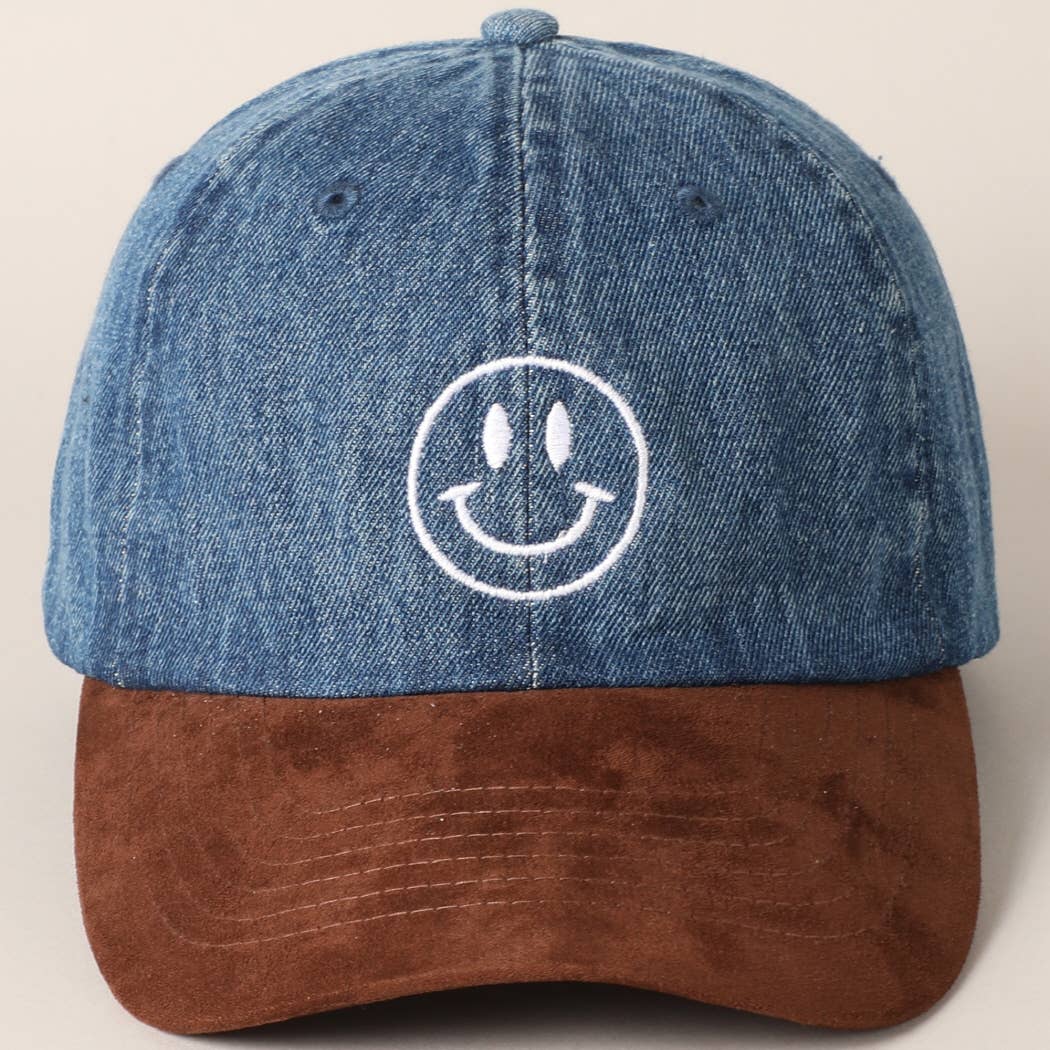 Happy Face Embroidered Brown Visor Denim Cap