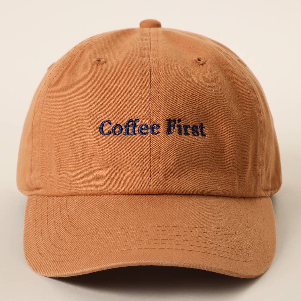 Coffee First Embroidered Washed Cotton Baseball Cap