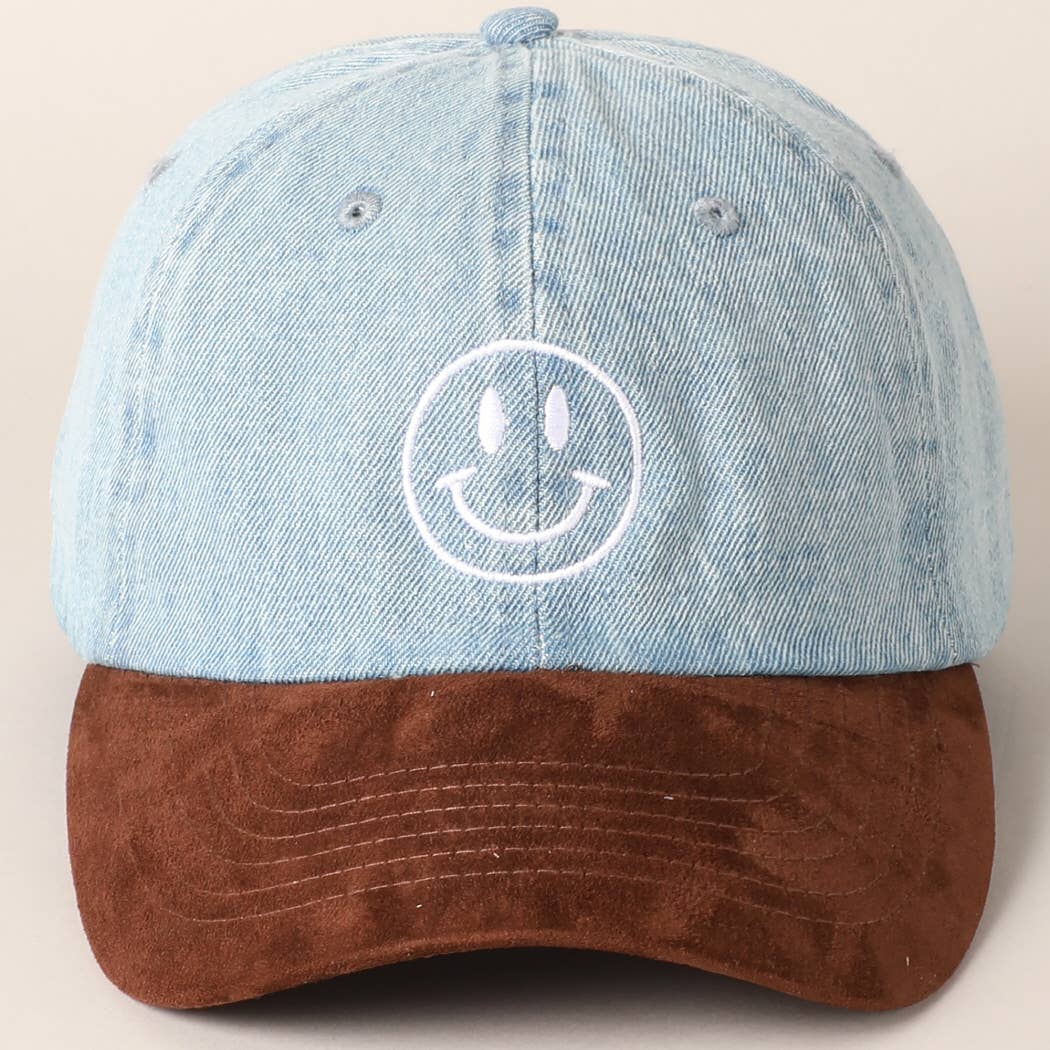 Happy Face Embroidered Brown Visor Denim Cap