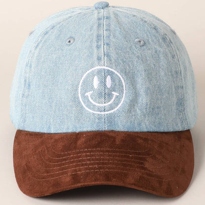 Happy Face Embroidered Brown Visor Denim Cap