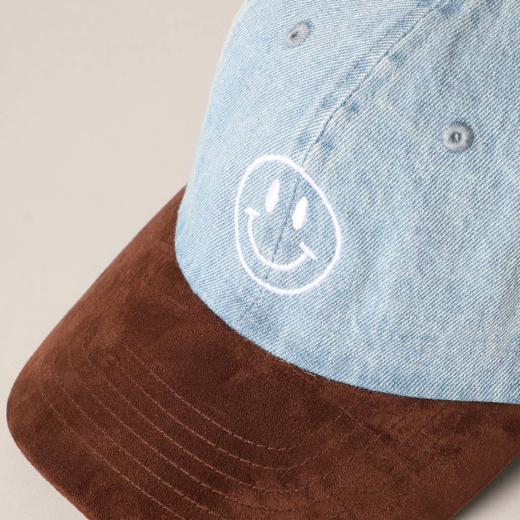 Happy Face Embroidered Brown Visor Denim Cap