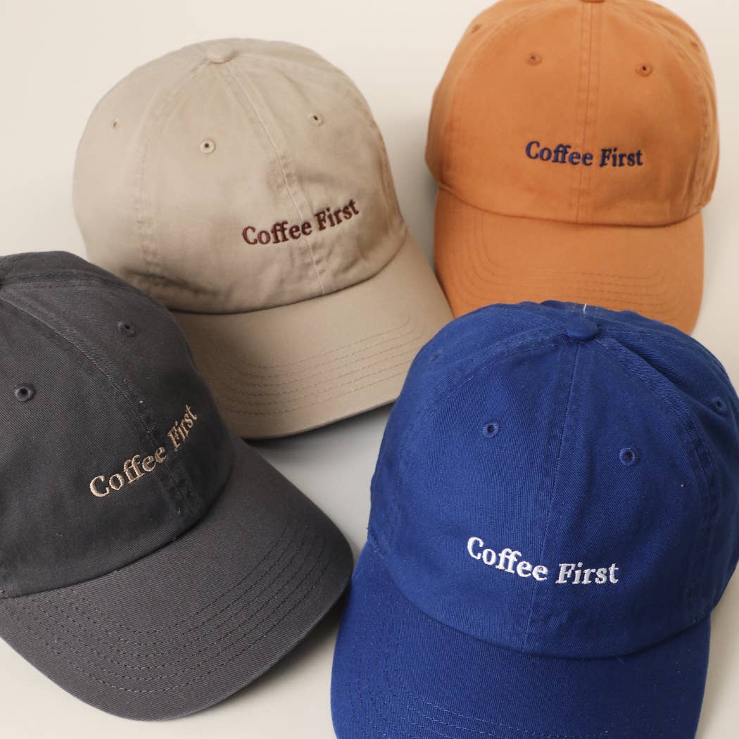 Coffee First Embroidered Washed Cotton Baseball Cap