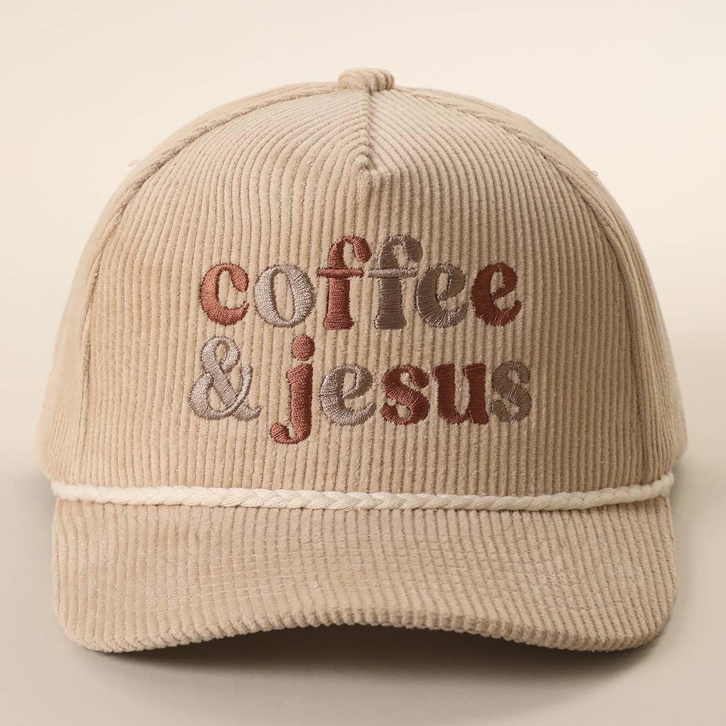 Coffee & Jesus Embroidered Corduroy Rope Trucker Hat