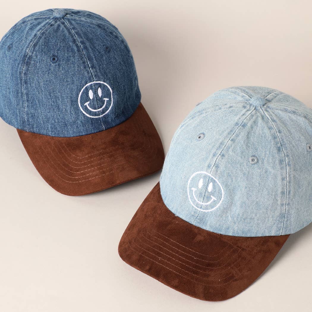 Happy Face Embroidered Brown Visor Denim Cap